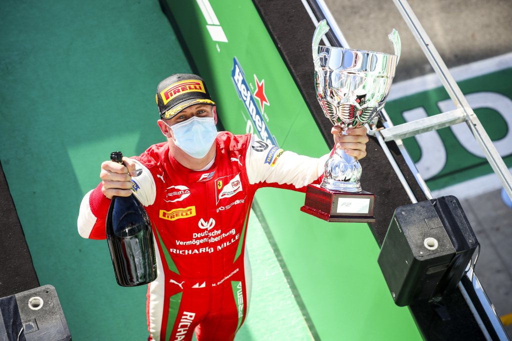 Mick celebrates his Formula 2 victory in Monza last year.