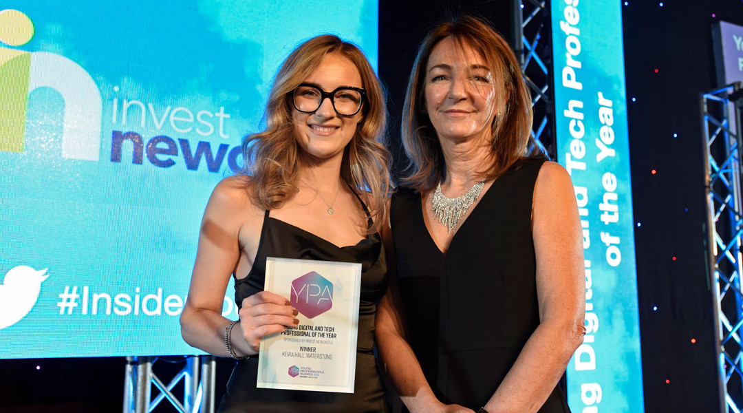 Keira Hall collecting the NE Young Tech and Digital Professional Award
